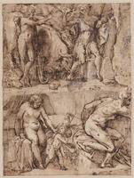 K I 070b
<br/>
Schetsblad (Apollo en Battus; Venus en Amor)
<br/>
<em>Vaga, Perino del (Pietro Buonaccorsi) (1500/01-1547)</em>
